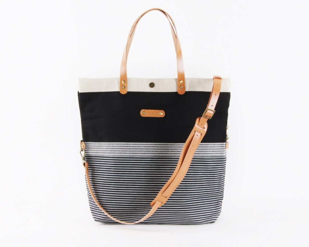 Jean Tote Bag : 黑色牛仔条纹皮制手提带手提袋 - 公文包/医生包 - 其他材质 黑色
