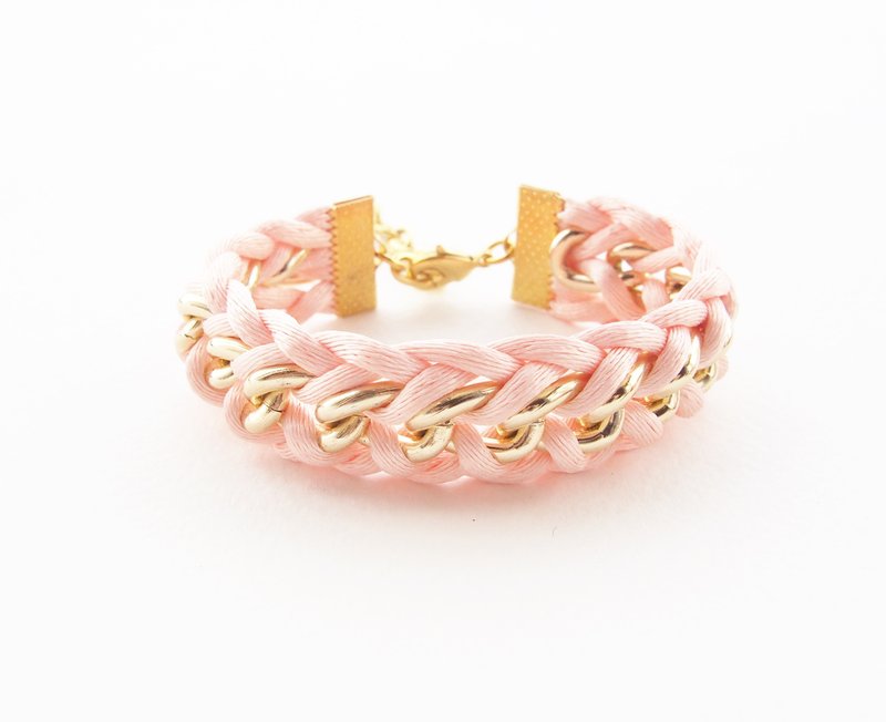 Peach woven bracelet with gold chain - 手链/手环 - 其他材质 橘色
