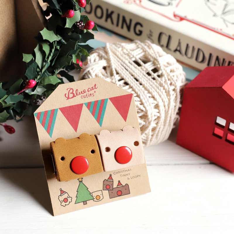 圣诞礼物/圣诞节交换礼物 Xmas Tinny 真皮革集线器 麋鹿2入 - 充电宝/传输线 - 真皮 咖啡色