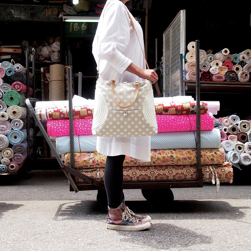 DailyBAG“日常”手工棉麻侧背手提皮带两用布包 米白水玉点点 -- 圆 - 侧背包/斜挎包 - 其他材质 