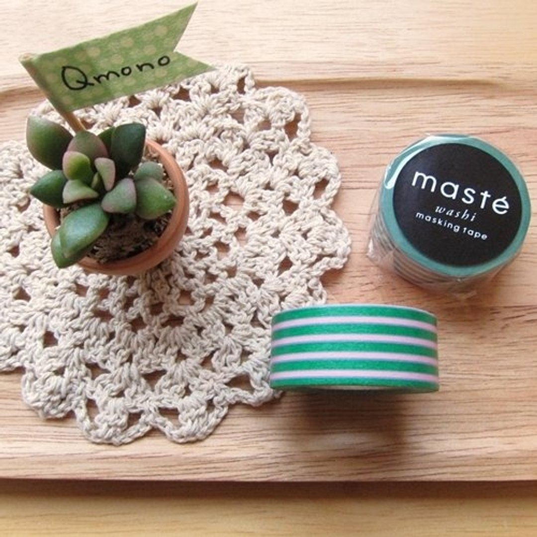 maste Masking Tape 和纸胶带 Basic 明色系【绿粉条纹 (MST-MKT02-GN)】 - 纸胶带 - 纸 绿色