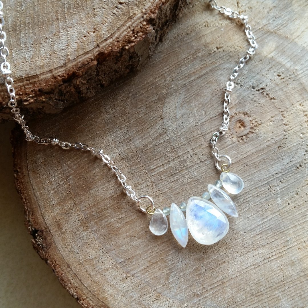 stone no-A-15MM Moonstone 925 silver necklace很罕有的大尺寸高质素强蓝光月光石/月亮石项链 a款  (15MM)(一物一图) - 项链 - 纸 蓝色