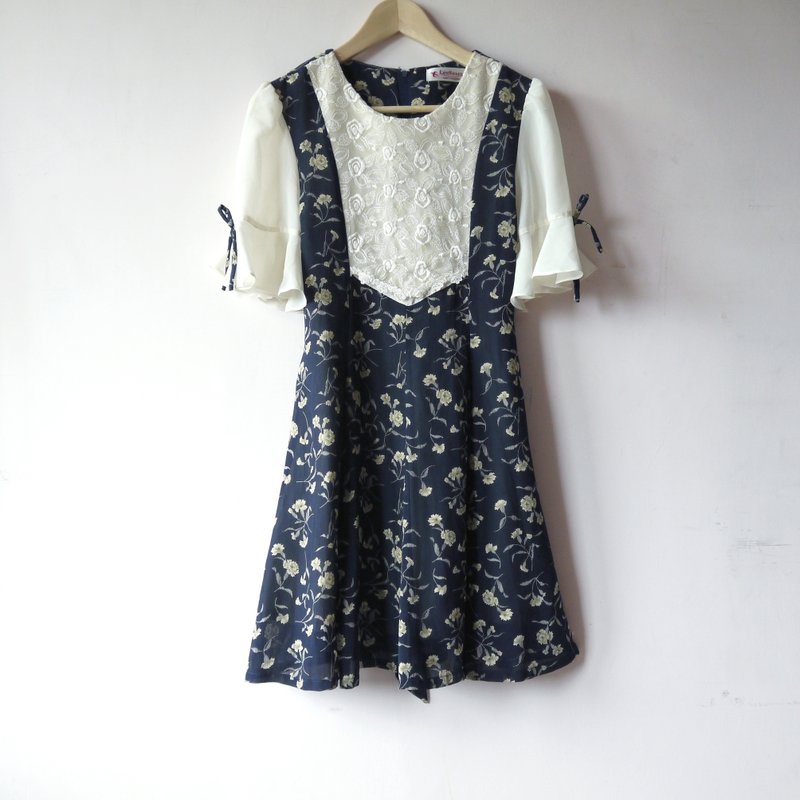 深蓝碎花维多利亚短洋装 - 洋装/连衣裙 - 其他材质 蓝色