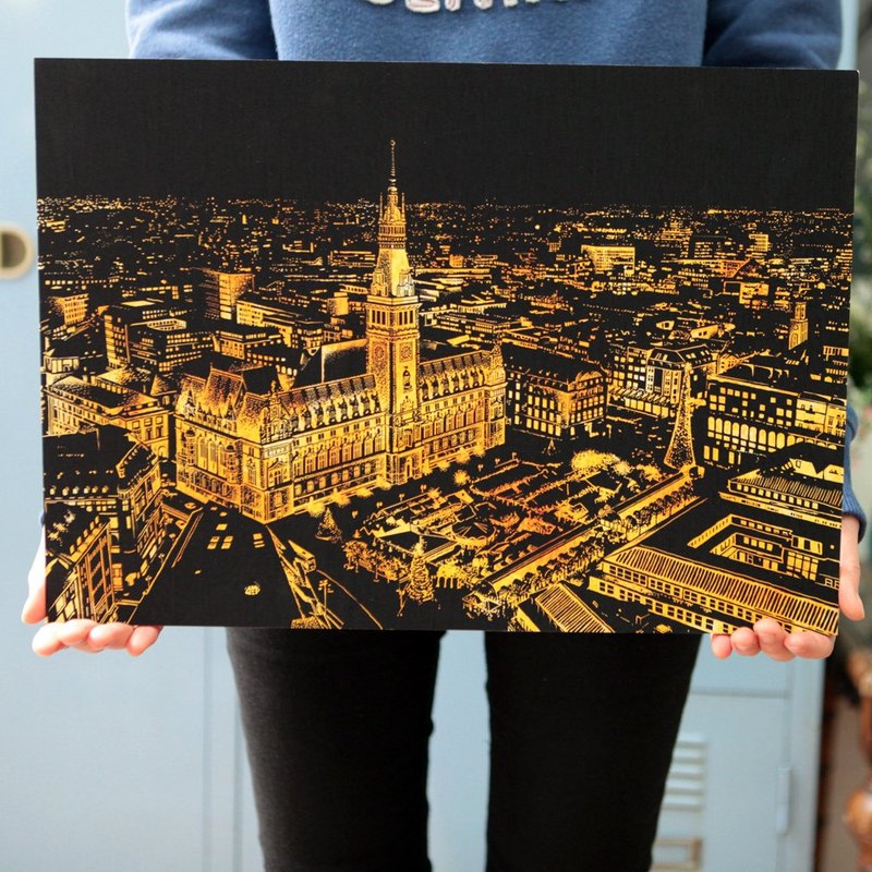 Lago-手刮城市金色夜景(附刮棒)-德国汉堡,LGO93461 - 木工/竹艺/纸艺 - 纸 金色