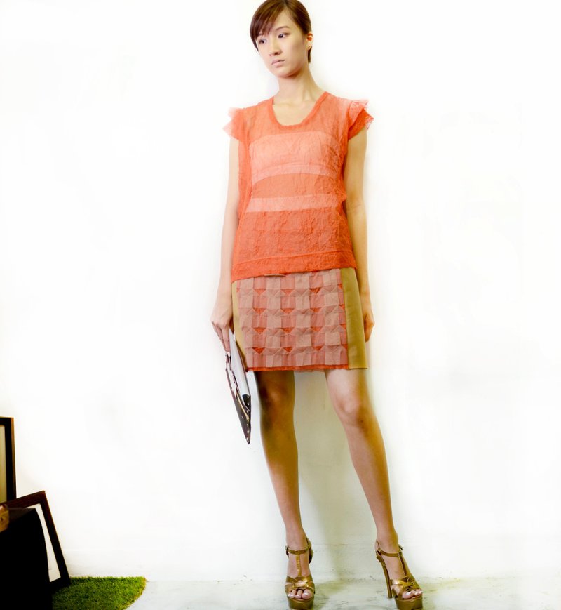 出清品 折纸艺术32户人家图案多材质直身有里半裙 日本面料 断码 - 裙子 - 其他人造纤维 橘色
