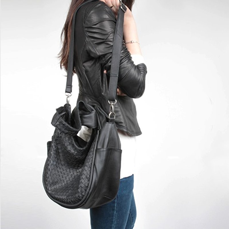 DART ME 牛皮 | 手提 | 肩背 | 编织可颂包 - 侧背包/斜挎包 - 真皮 黑色