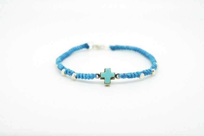 《纯银系》I ♥ SUMMER 绿松石纯银镶嵌十字架双面手环 - 手链/手环 - 其他金属 蓝色