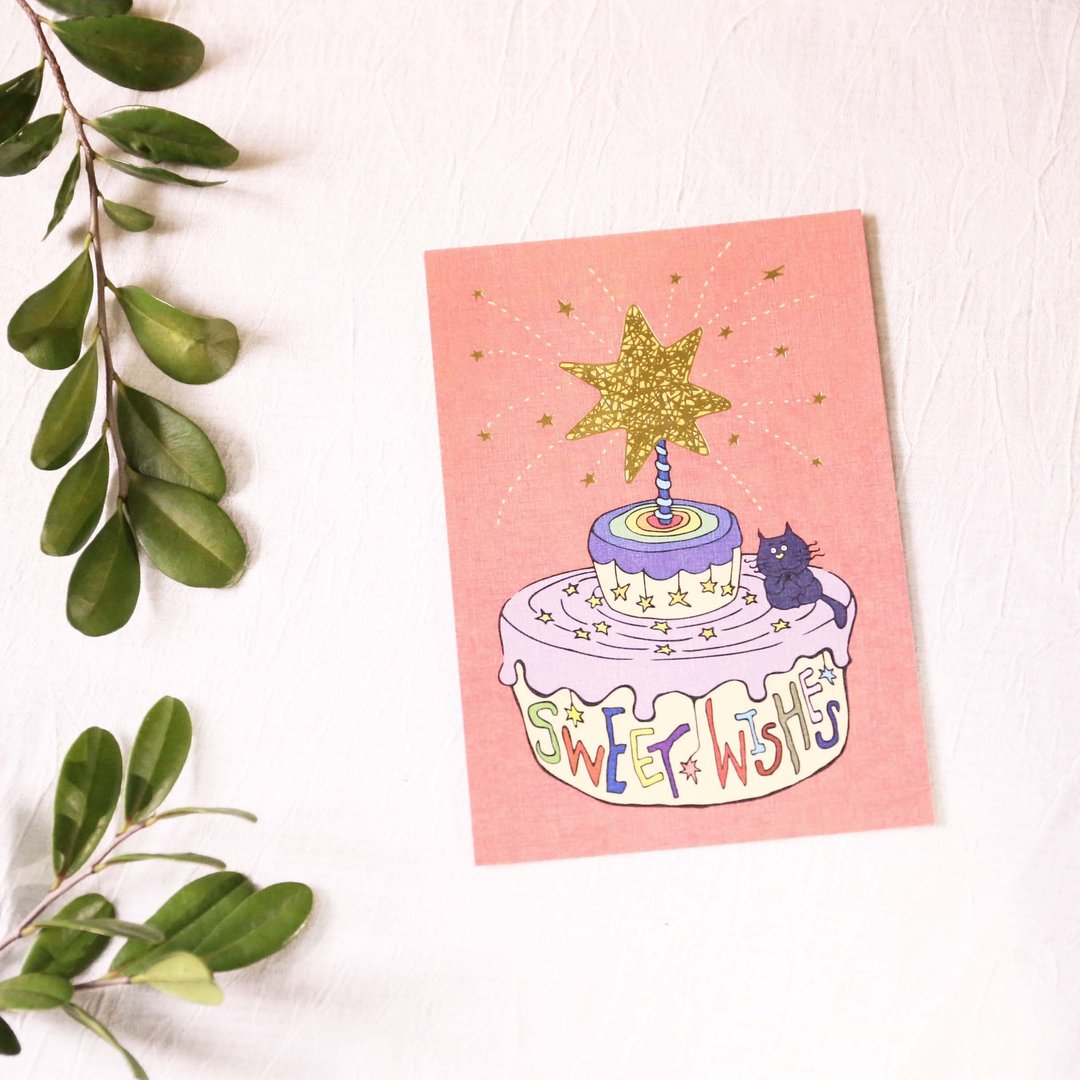 许愿星 蛋糕   烫金 明信片/生日卡片 - 卡片/明信片 - 纸 粉红色