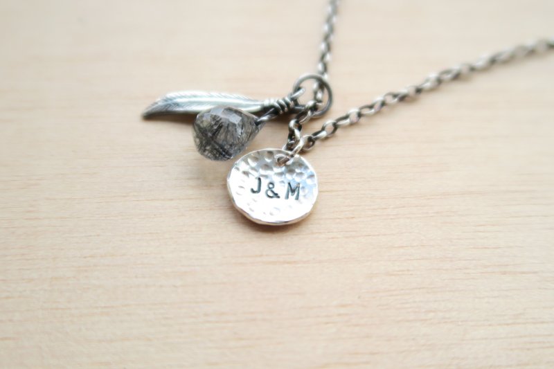 925纯银 水滴 黑发晶 羽毛 定制化刻字 项链 锁骨链 长链 - 项链 - 纯银 灰色