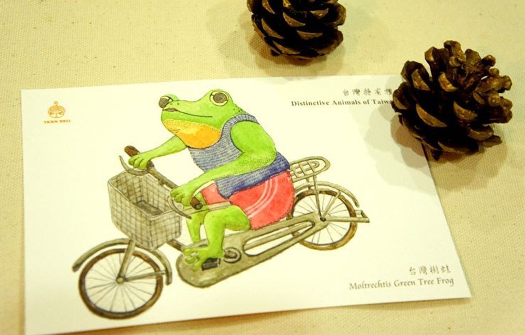 针线球 台湾特有种明信片-青蛙骑脚踏车(单张) - 卡片/明信片 - 纸 绿色