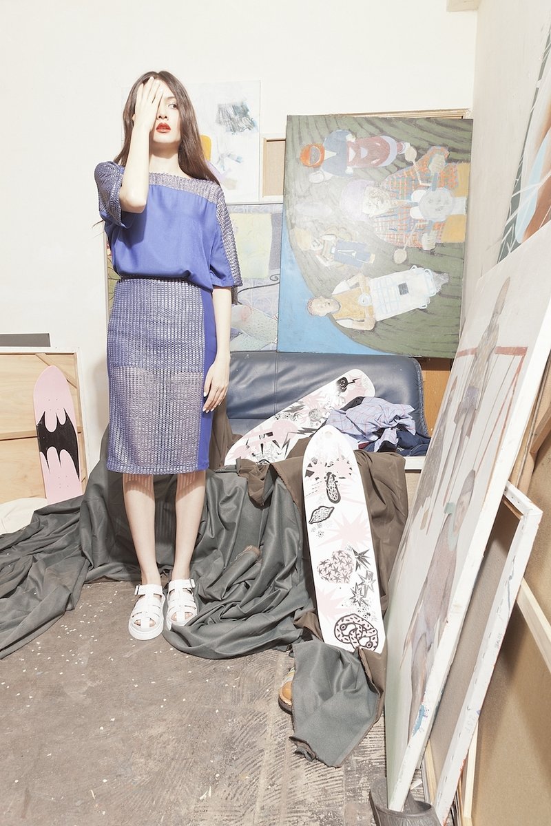 靛蓝色格网针织拼接铅笔裙 - 裙子 - 其他材质 蓝色