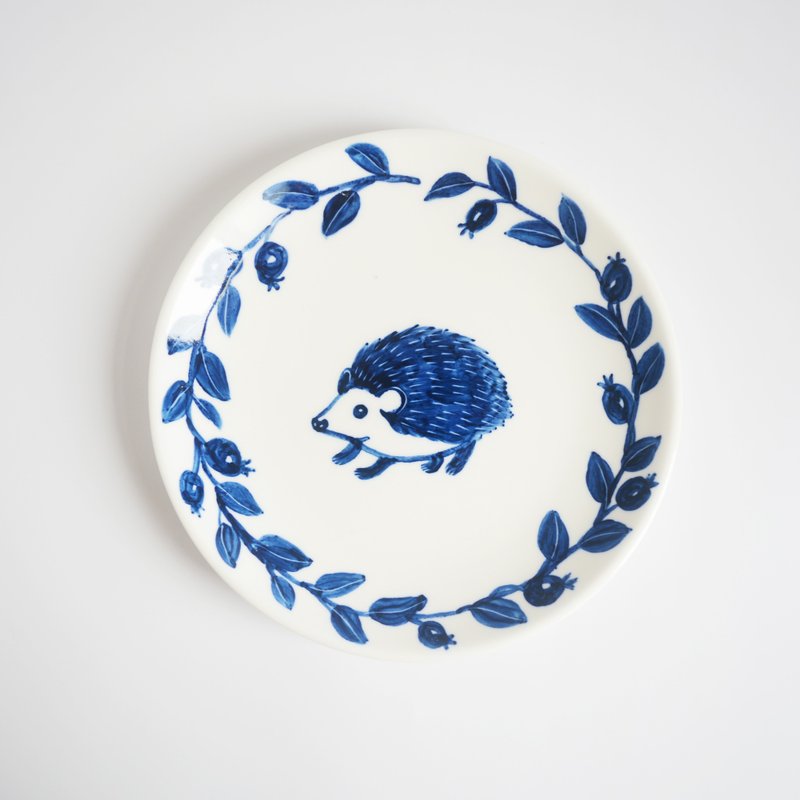 手绘6寸蛋糕盘 餐盘-森林好朋友 刺猬 - 浅碟/小碟子 - 瓷 蓝色