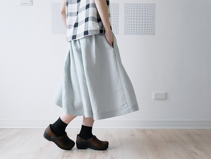灰绿绵/棉麻口袋褶裙 Gray Green Cotton Linen Pleated Pocket Skirt - 裙子 - 棉．麻 绿色