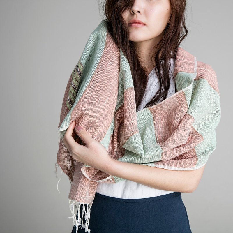 纯棉手织围巾 - 橘绿 - 丝巾 - 棉．麻 