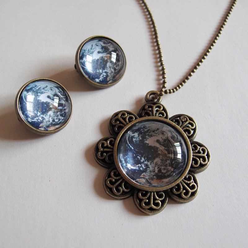 地球耳夹耳针项链组 - 项链 - 其他金属 蓝色