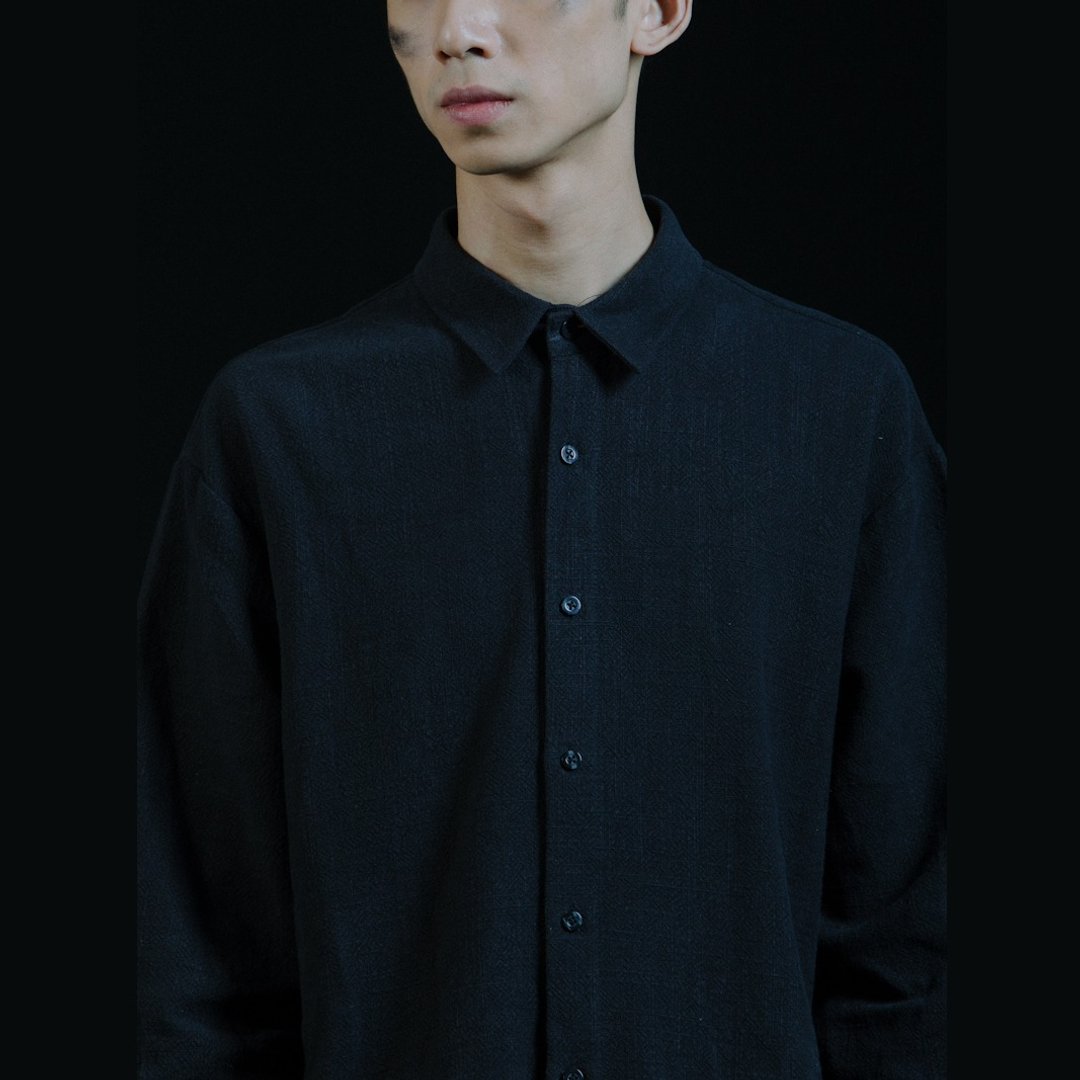 棉麻宽松男友衬衫 - 男装衬衫 - 棉 黑色