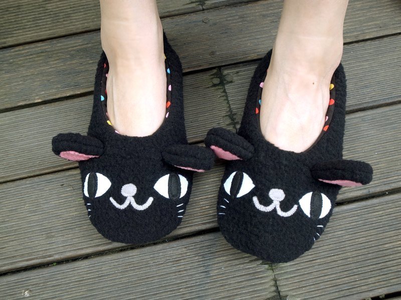 boboSARU 带着黑猫去旅行 室内布拖提袋组 (成人款) - 室内拖鞋 - 聚酯纤维 黑色