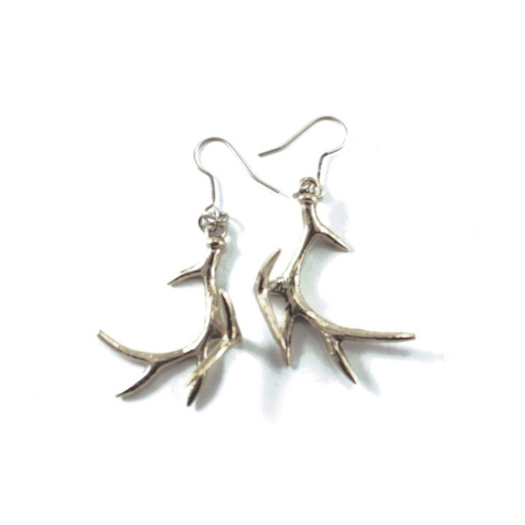 Stag horn earring in white bronze,Rocker jewelry ,Skull jewelry,Biker jewelry - 耳环/耳夹 - 其他金属 