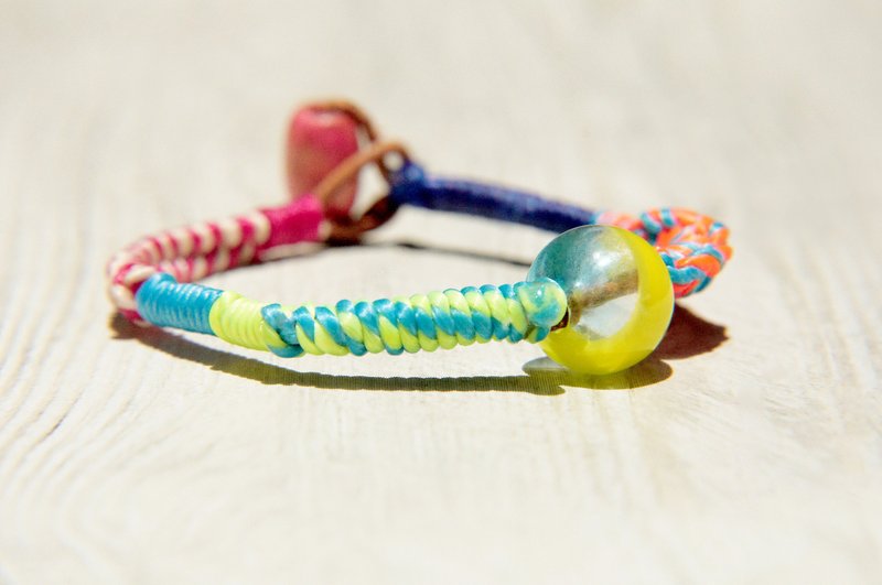 / 热带海洋 / 英式琉璃蚕丝蜡线 + 牛皮手环 - 冰心蓝黄玻璃 - 手链/手环 - 防水材质 多色