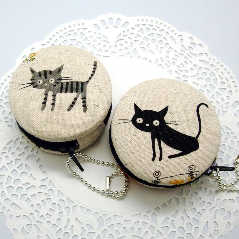 马卡龙零钱包/ 耳机包/ 首饰盒/ 吊饰-- 两款选择-- 猫咪 - 零钱包 - 棉．麻 灰色