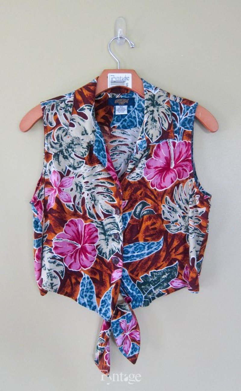 [夏威夷古着] ALOHA 热带印花前绑带背心 - 女装背心 - 其他材质 橘色