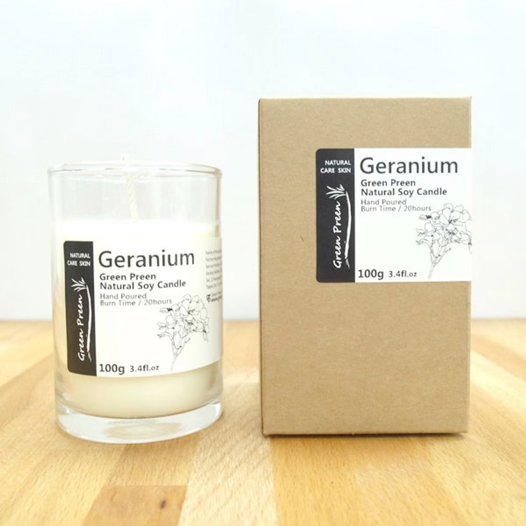 【绿机花园Green Plus】全手工天然大豆精油蜡烛 - 天竺葵 - 100g - 蜡烛/烛台 - 玻璃 白色