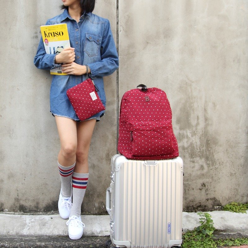 100416-20★Bagcom 柔感星点收纳后背包-红色 - 后背包/双肩包 - 其他材质 红色