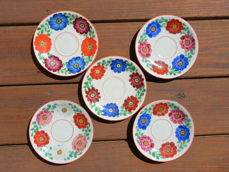 德国古董 手工下午茶点心盘组/野餐盘 - 浅碟/小碟子 - 瓷 红色