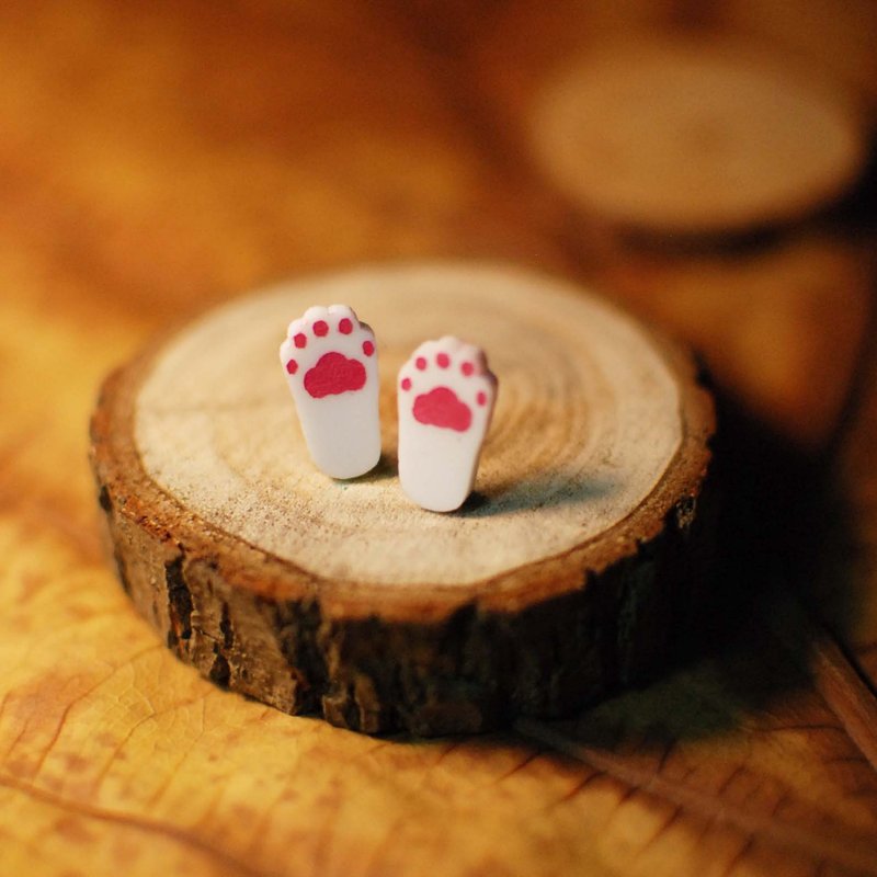 猫掌/粉红小肉球/白猫/抗过敏钢针/可改夹式 - 耳环/耳夹 - 压克力 白色