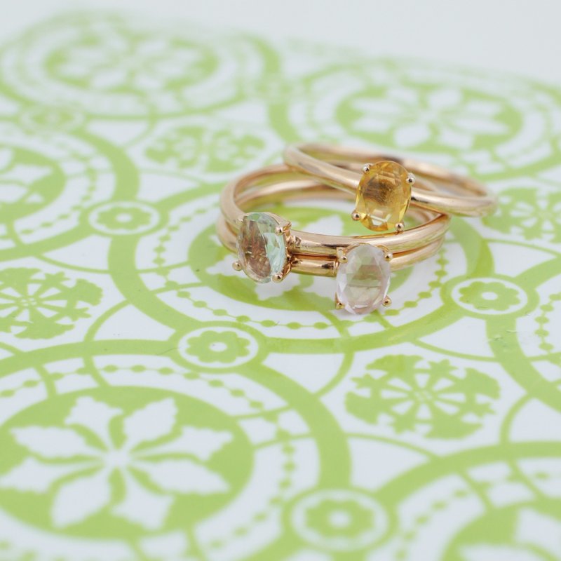 溺爱 - 6x4mm 蛋形玫瑰刻切割绿色紫晶纯银电18K 玫瑰金戒指 - 戒指 - 宝石 绿色