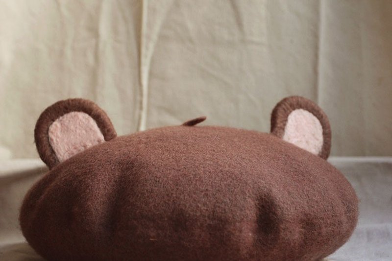 森林可爱熊熊羊毛毡画家帽 - 帽子 - 羊毛 咖啡色