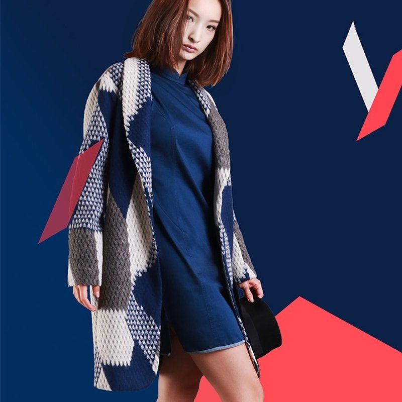 清仓特价 燥白原创设计 通勤格子羊毛呢外套 - 女装休闲/机能外套 - 羊毛 蓝色