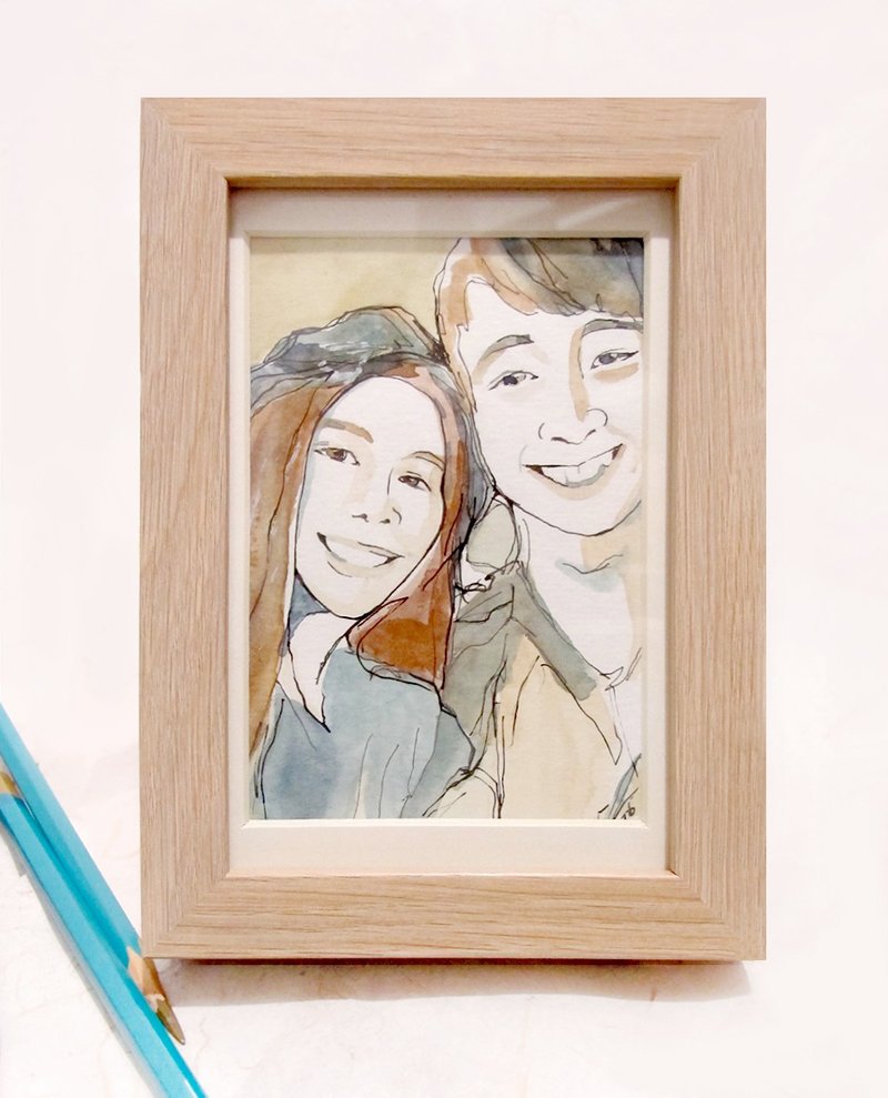 插画风格手绘画像（双人含框）【沟通过再付款喔！】 - 订制画像 - 木头 卡其色
