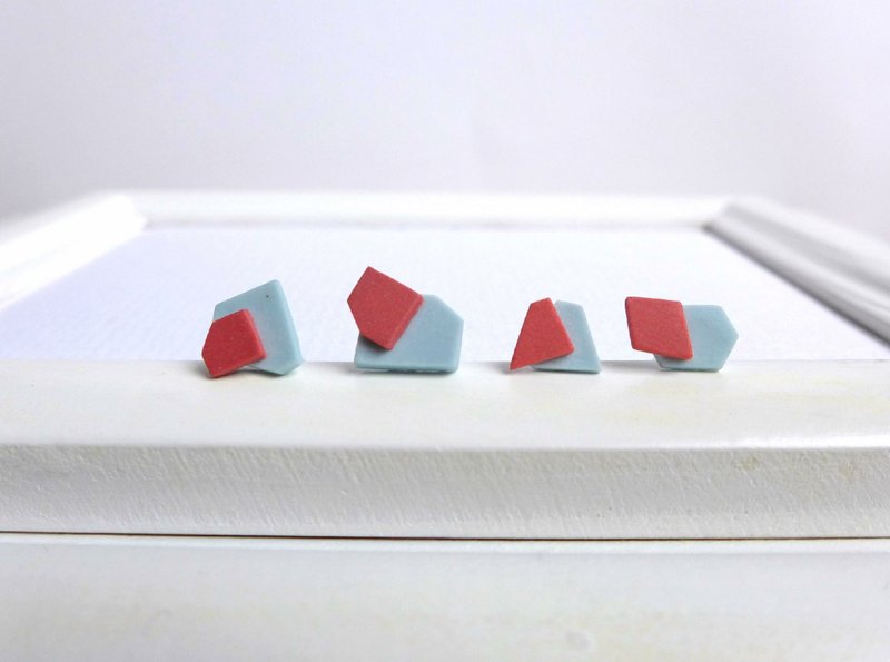 【N.U. Studio】陶瓷系列 随性几何耳环--红蓝(可改夹式耳环) - 耳环/耳夹 - 其他材质 红色