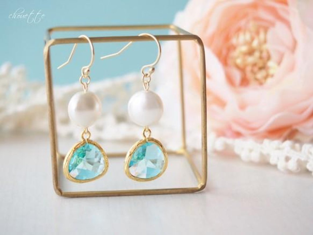 [14kgf frame cut glass earrings (Aquamarine) - 耳环/耳夹 - 其他金属 