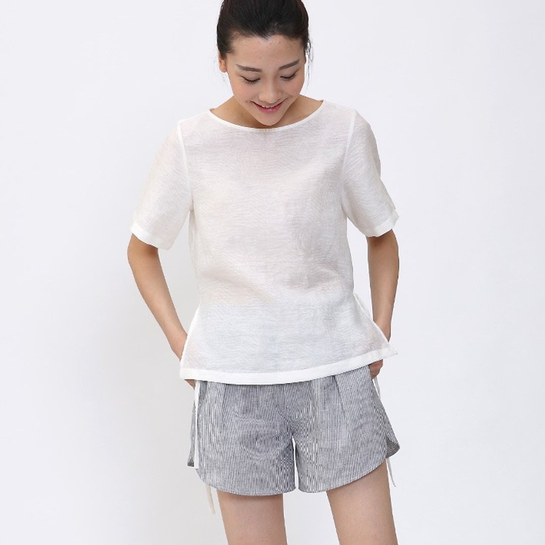不服  亞麻叶脉镂花亚麻套頭短袖衬衫  白  SH140603 - 女装衬衫 - 棉 白色