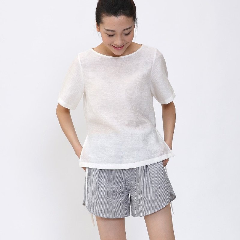 不服  亞麻叶脉镂花亚麻套頭短袖衬衫  白  SH140603 - 女装衬衫 - 棉．麻 白色
