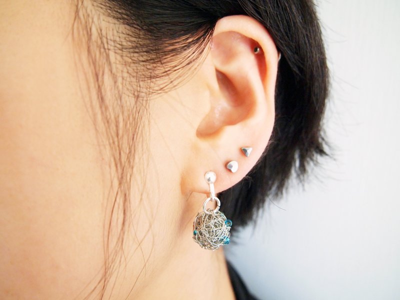 订制时尚简约人手编织银色铜线配湖水绿透明珠圆球夹式耳环●圆妙系列 ME008 - 耳环/耳夹 - 其他材质 灰色