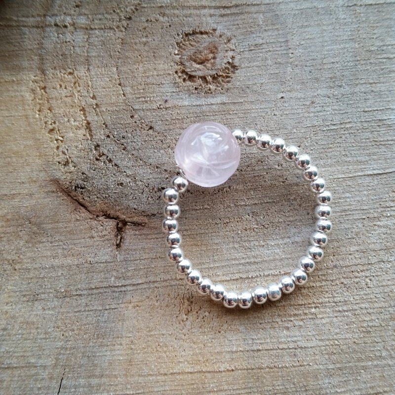 Please provide size when order- 925 silver ring with pink quartz 雕花粉晶 925纯银小圆珠戒指 - 戒指 - 宝石 粉红色