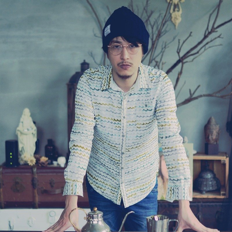 日本双层纱水彩手绘风波浪印花面料衬衫 - 男装衬衫 - 棉．麻 白色