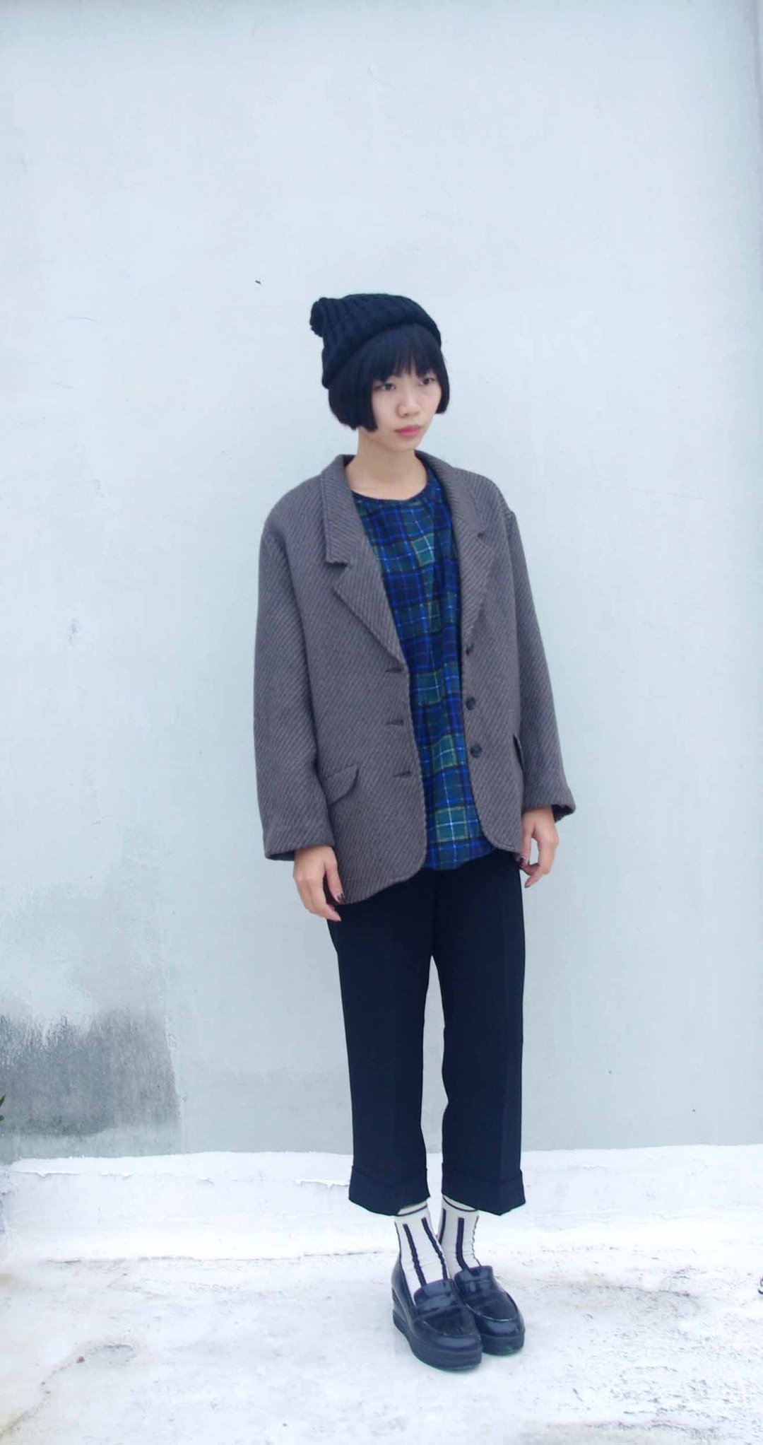 4.5studio-独立手做 -[R;]Restyle 改造系列-灰绿系斜纹落肩大衣 - 女装休闲/机能外套 - 其他材质 灰色