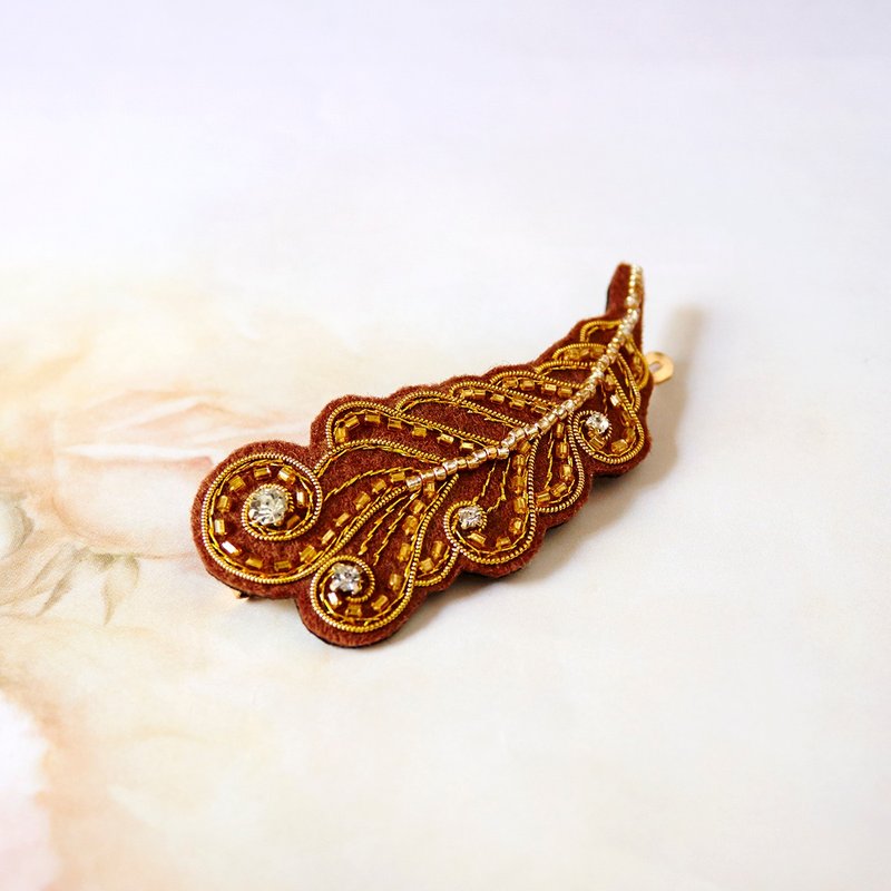 绣金线羽毛形单边发夹 - 发饰 - 羊毛 金色