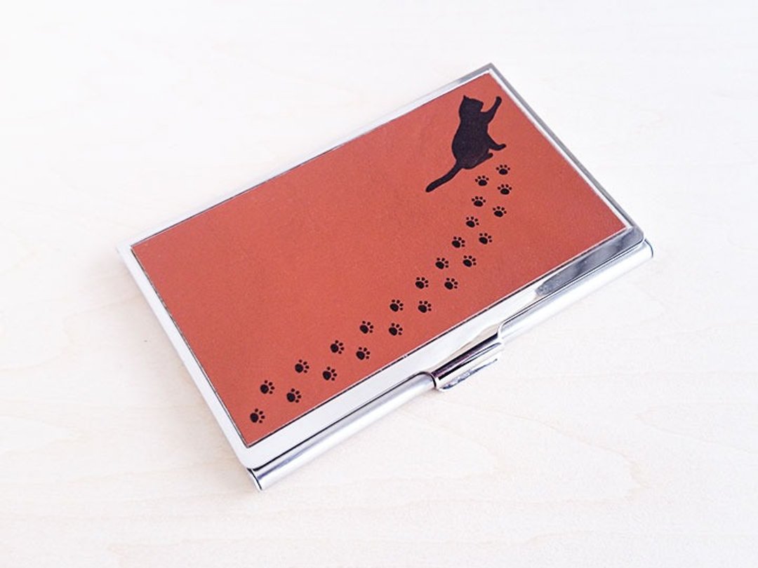 Cat and paws footprints Card Case (Red Brown) - 名片夹/名片盒 - 真皮 咖啡色