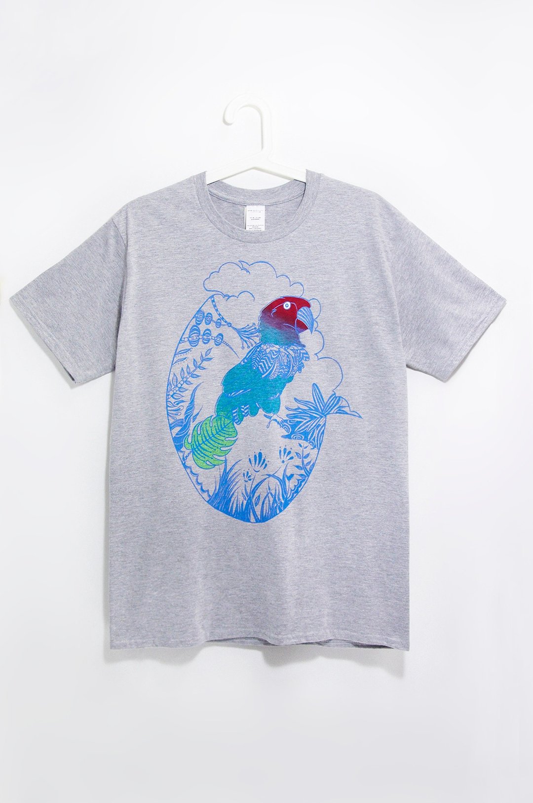 男装合身纯棉插画Tee / T-shirt - 热带南美彩色渐层鹦鹉 - 男装上衣/T 恤 - 棉 灰色