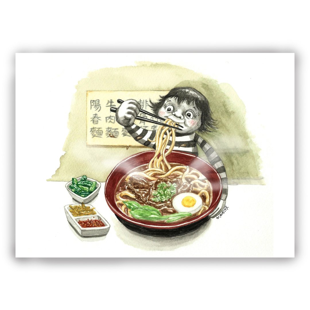 手绘插画万用卡/明信片/卡片/插画卡--面面俱到 牛肉面 面 - 卡片/明信片 - 纸 金色