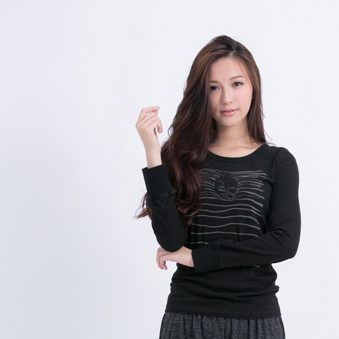 条纹猫咪 蜜桃棉 长袖 女T 黑 - 女装 T 恤 - 棉 黑色