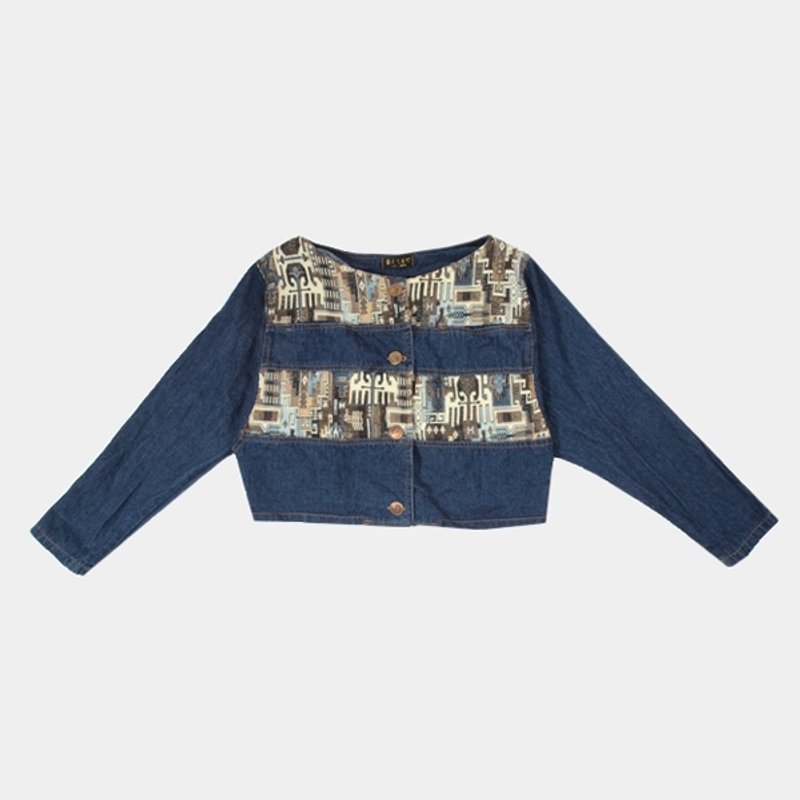 │moderato│刺绣拼接牛仔短版外套│礼物.森林复古.女朋友.独特.文艺 - 女装休闲/机能外套 - 其他材质 蓝色