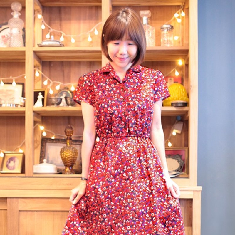 红底白花衬衫领松紧洋装 - 洋装/连衣裙 - 其他材质 