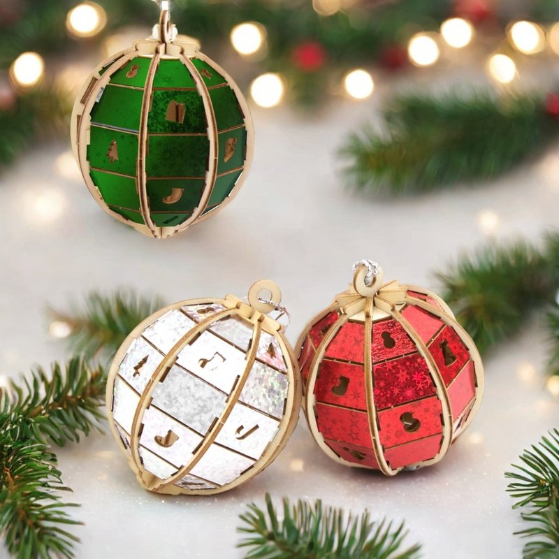 圣诞树装饰球木拼图 一套三件 - 拼图 - 木头 