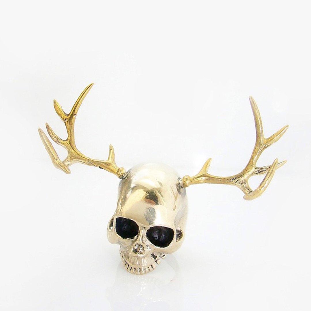 Skull with stag horn ring  ,Rocker jewelry ,Skull jewelry,Biker jewelry - 戒指 - 其他金属 